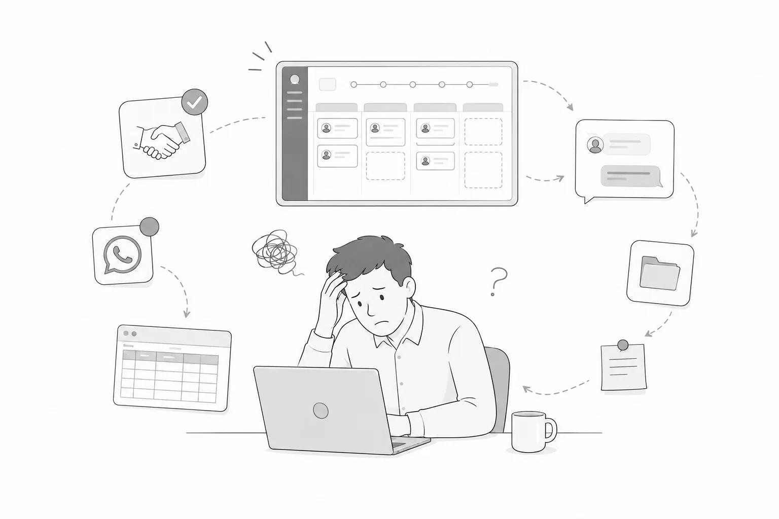 Vendedor abrumado por su CRM, atrapado entre WhatsApp, Excel, formularios y notificaciones